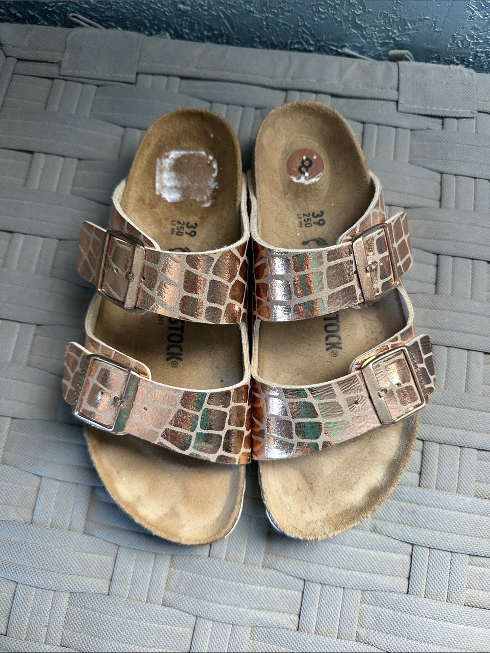 Birkenstock Metallic Croc-Print Two-Strap Sandals - Copper Tone